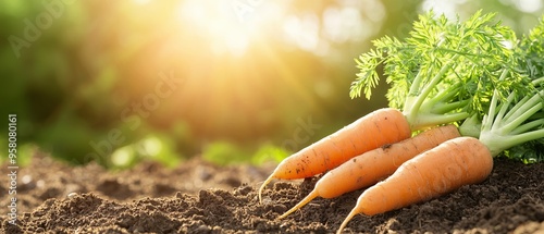 Fresh carrots in rich soil, illuminated by warm sunlight, showcasing their vibrant color and natural beauty. photo