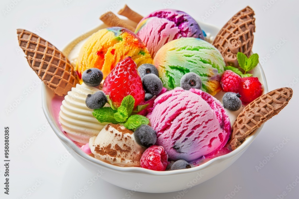 Sweet dessert with colorful ice cream scoops, fresh blueberries, strawberries, raspberries, mint and waffle rolls in white bowl Sweet dessert with colorful ice cream scoops, fresh blueberries, strawberries, raspberries, mint and waffle rolls in white bowl