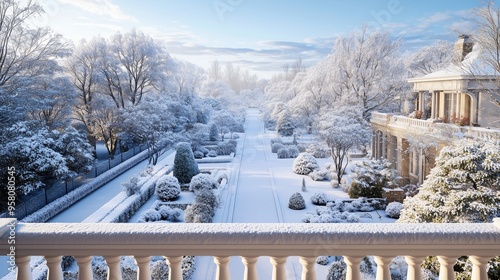 Snowy winter landscape in Russia, frozen church of the Holy Trinity stands tall amidst snowy trees and icy path photo