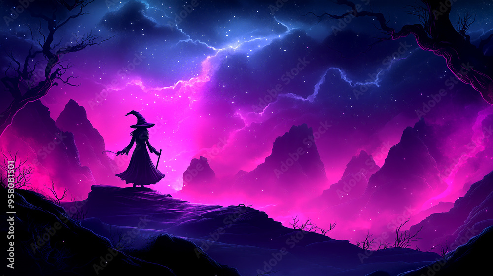 A woman in a purple robe stands on a rocky hillside in front of a stormy sky A woman in a purple robe stands on a rocky hillside in front of a stormy sky