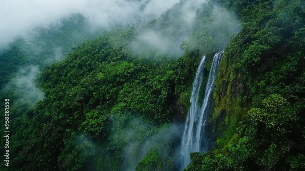 Bird's-eye view of the cascading waterfalls and lush cloud forest of the Chaparri Ecological Reserve Bird's-eye view of the cascading waterfalls and lush cloud forest of the Chaparri Ecological Reserve