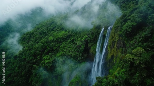 Bird's-eye view of the cascading waterfalls and lush cloud forest of the Chaparri Ecological Reserve