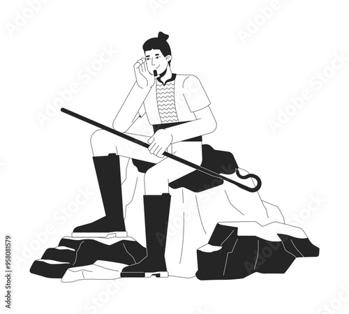 Positive man shepherd sitting on rocks black and white 2D line character. Job at farm. Caucasian herdsman taking care of animals solated vector outline person. Monochromatic spot illustration