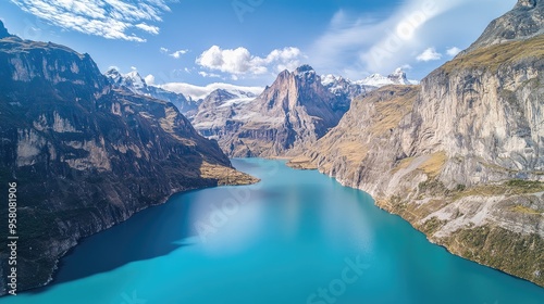 Bird's-eye view of the enchanting Laguna Paran surrounded by steep cliffs and the Cordillera Blanca peaks