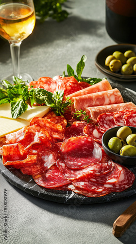 Delicious selection of spanish cured meats, cheese, and olives arranged on a stone serving board, perfect for sharing