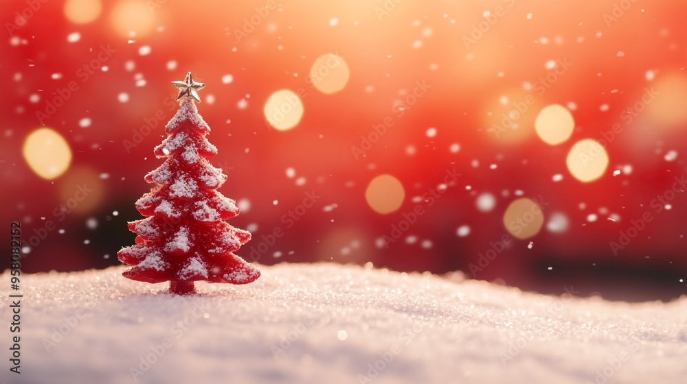 A small red Christmas tree stands in soft snow with sparkling lights glowing in the background during a festive winter evening