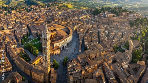 Bird's-eye view of the historic city of Siena, with its iconic Piazza del Campo and surrounding medieval streets