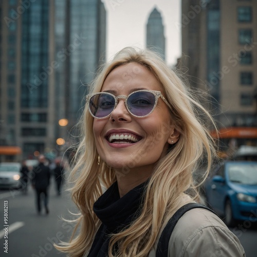 Young, white woman with long, blonde hair smiling and wearing sunglasses in front of city skyline