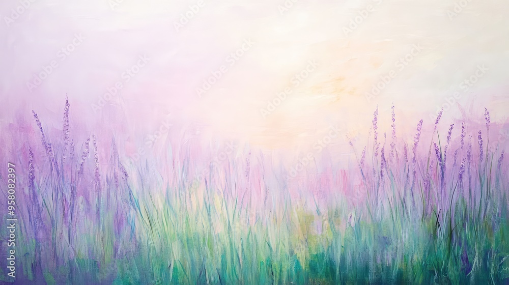 Gentle abstract forms in shades of lavender and green, reflecting the calming essence of a quiet meadow at dawn Gentle abstract forms in shades of lavender and green, reflecting the calming essence of a quiet meadow at dawn