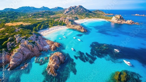 Bird's-eye view of the rocky beaches and turquoise waters of Costa Smeralda in Sardinia