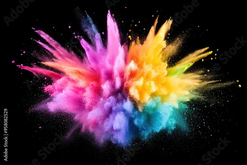 A close-up macro photograph of a colorful powder explosion, with detailed textures of multi colored soft pastel powder particles. Captured in mid-air. isolated on a black background 3:2