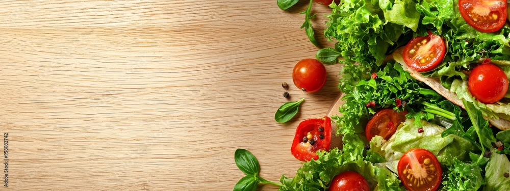 tomatoes and lettuce on wooden table, text area present tomatoes and lettuce on wooden table, text area present
