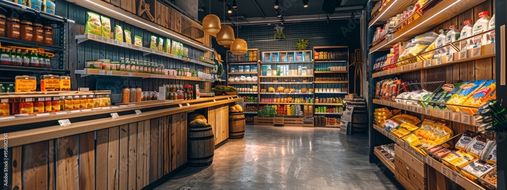 Cozy and well-stocked grocery store with wooden decor and fresh products Cozy and well-stocked grocery store with wooden decor and fresh products