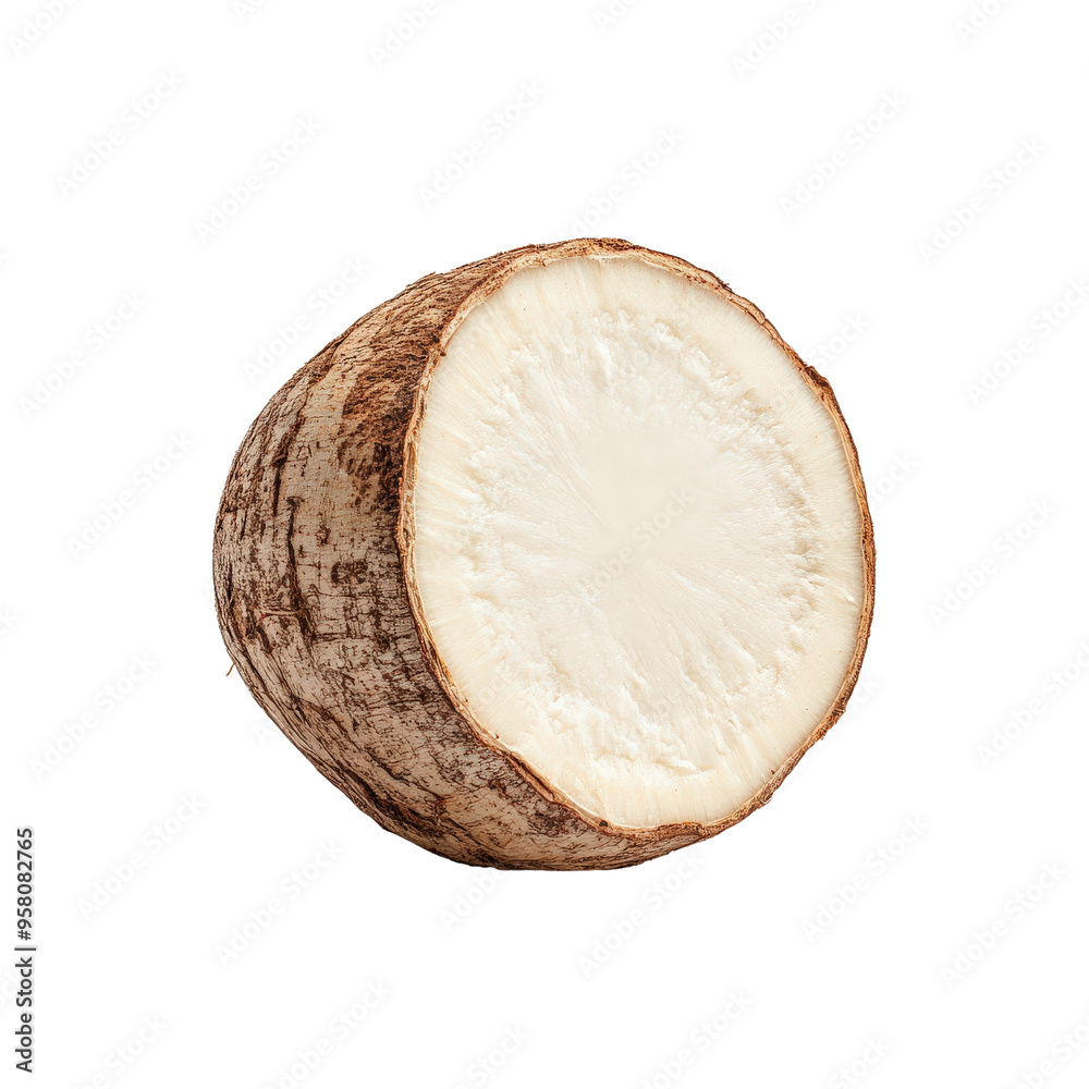 Close-up of fresh taro root cut in half, showing white, starchy interior and brown, textured exterior. Ideal for culinary and agricultural use. Close-up of fresh taro root cut in half, showing white, starchy interior and brown, textured exterior. Ideal for culinary and agricultural use.