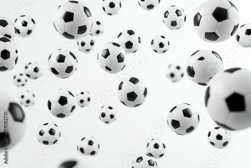 Soccer balls flying against a white background