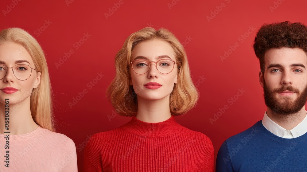 Confident and Stylish Group Portrait Against Red Studio Background Confident and Stylish Group Portrait Against Red Studio Background