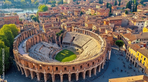 Bird's-eye view of the striking ruins of the Roman amphitheater in Verona, with the cityas rooftops beyond