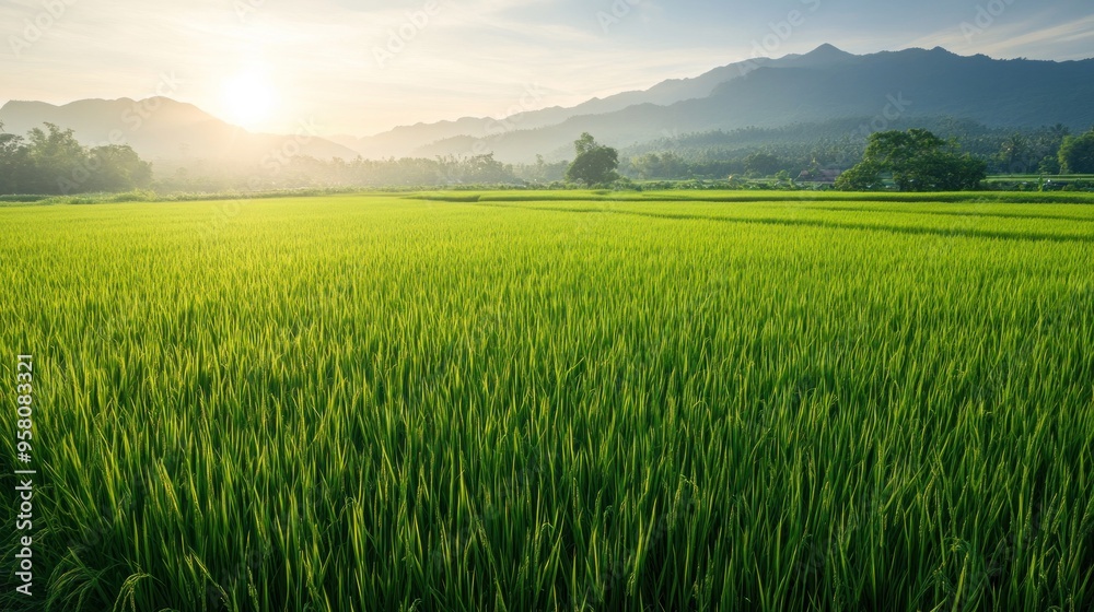 Beautiful view of green rice fields at sunrise. Beautiful view of green rice fields at sunrise.