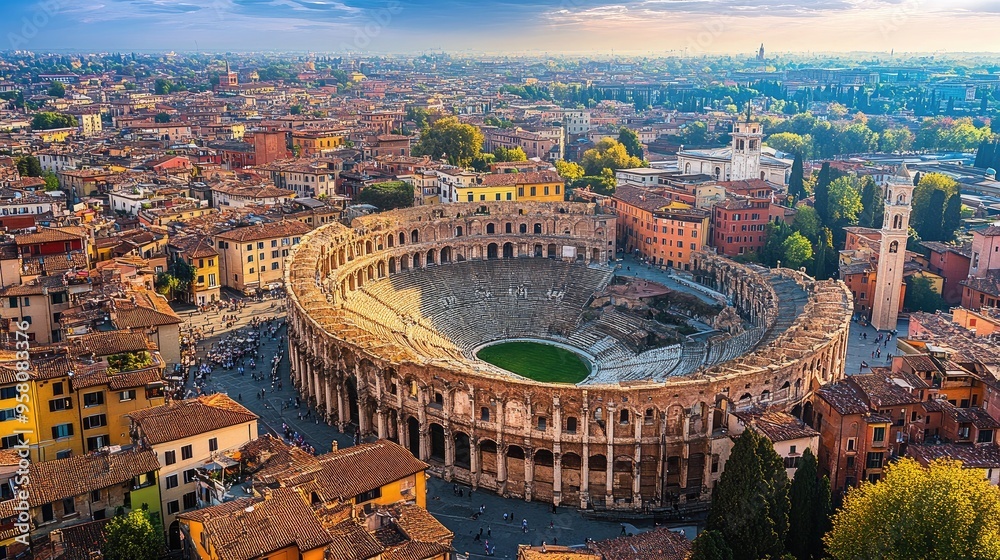 Fototapeta premium Bird's-eye view of Verona's Arena, with the historic town square and colorful buildings surrounding it