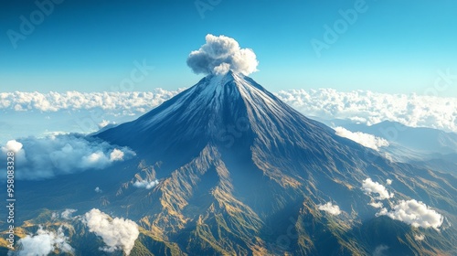 A mountain with a cloud of smoke rising from its top. The sky is clear and blue. The mountain is covered in snow