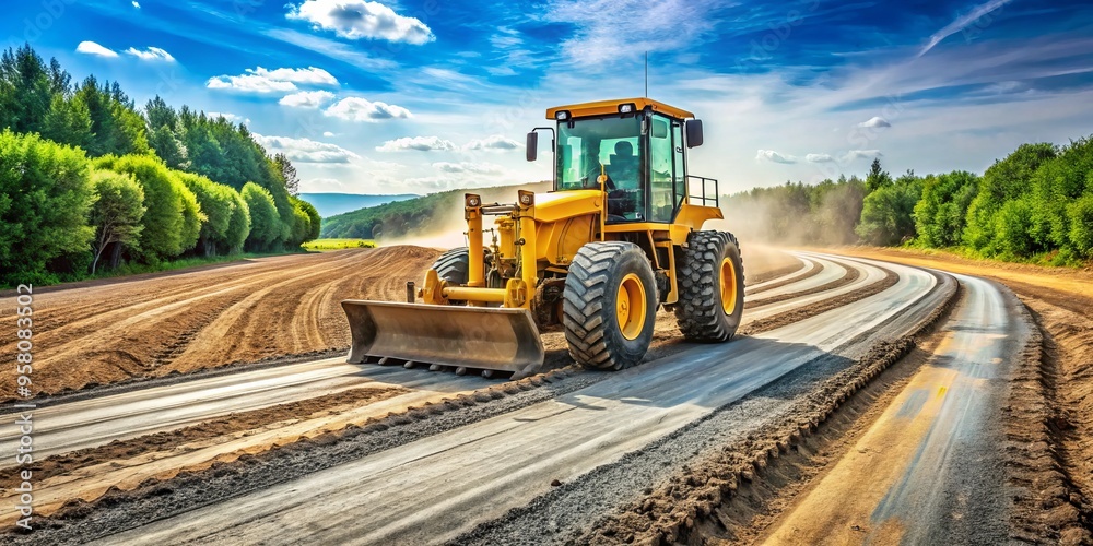 The Grader machine expertly flattens out dirt roads during road construction, ensuring a smooth surface for drivers. The Grader machine expertly flattens out dirt roads during road construction, ensuring a smooth surface for drivers.