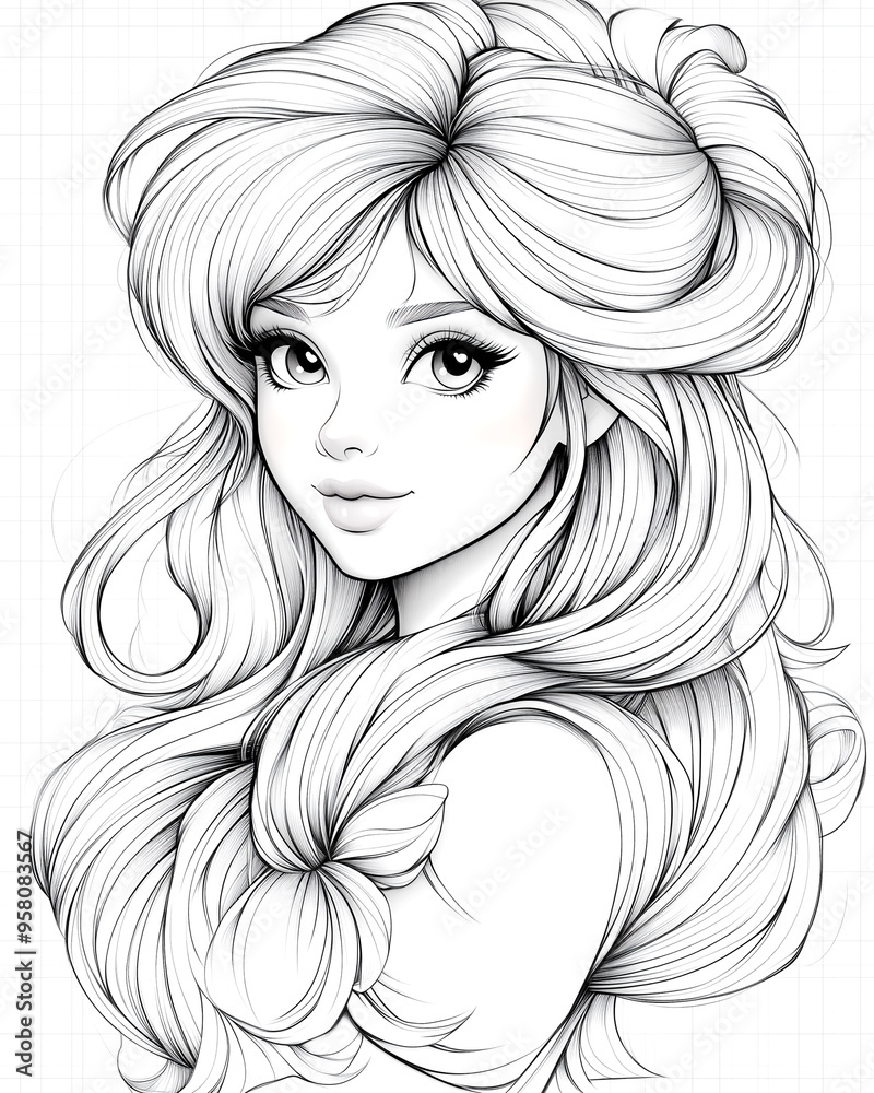 A girl with long blonde hair is smiling. She is wearing a pink dress. The drawing is of a cartoon character A girl with long blonde hair is smiling. She is wearing a pink dress. The drawing is of a cartoon character