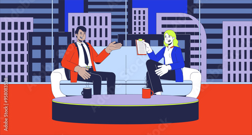 Interview show on TV flat illustration. Interviewer asking questions interviewee 2D characters cartoon background. Cable television production. Broadcasting program scene vector storytelling image