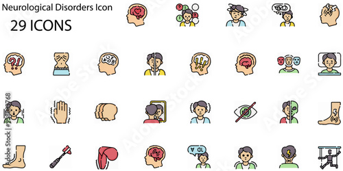 Set of Neurological Disorders icons. Line art style icons bundle. vector illustration