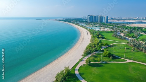 Top view of Al Mamzar Beach Park, Sharjah, with white sandy beaches and turquoise waters bordered by green lawns. No people. photo