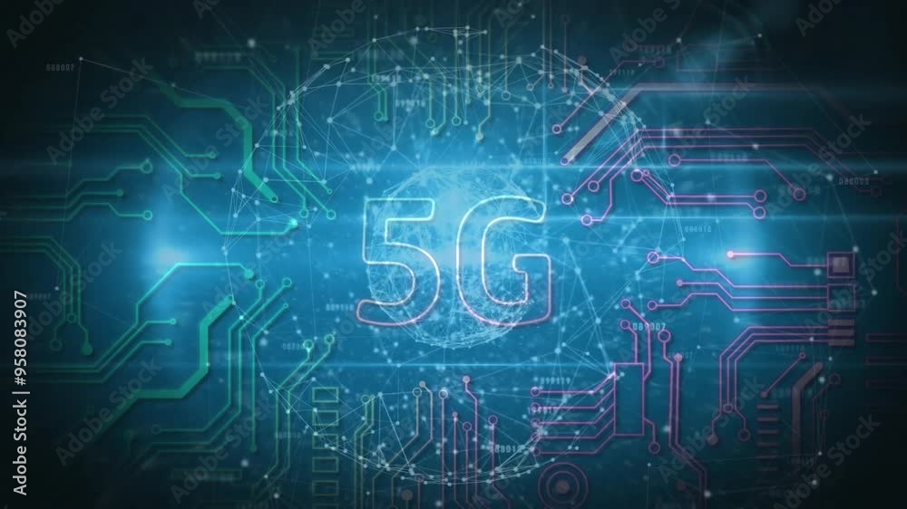 5G technology animation over digital circuit board and network connections 5G technology animation over digital circuit board and network connections