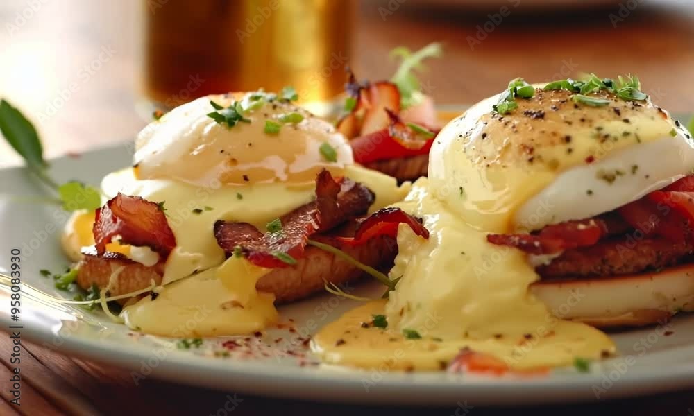 A plate of eggs benedict with bacon and parsley Video