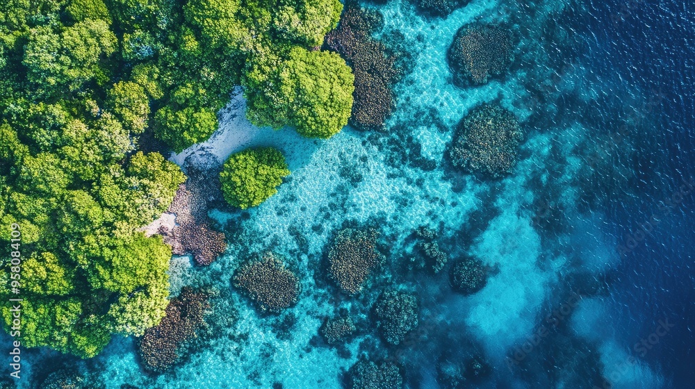 Obraz premium Top view of Maldives coral gardens, with a variety of marine life beneath the surface of the bright blue sea.
