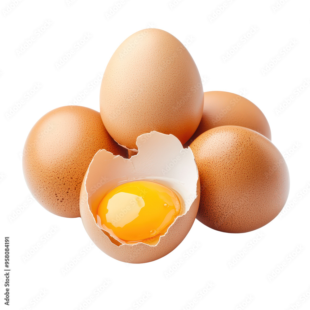 Group of four brown eggs with one cracked open displaying the yolk, showcasing fresh ingredients for cooking and baking recipes. Group of four brown eggs with one cracked open displaying the yolk, showcasing fresh ingredients for cooking and baking recipes.