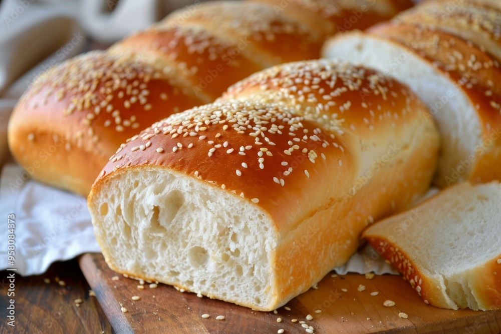 Loaf of freshly baked bread covered in sesame seeds resting on a wooden cutting board Loaf of freshly baked bread covered in sesame seeds resting on a wooden cutting board