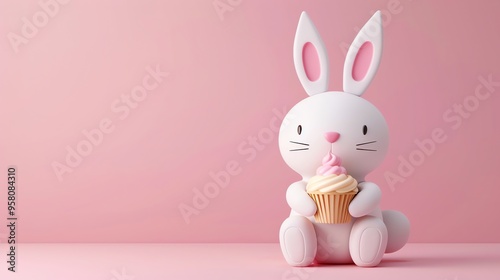 A cartoon bunny holding a cupcake on a pink background.