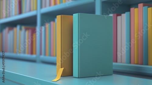 Two colorful books on a blue shelf, in front of a bookshelf full of colorful books.