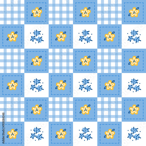 Gentle gingham tartan seamless pattern with blue and yellow flowers for summer or spring, romantic cute ornament for print and design