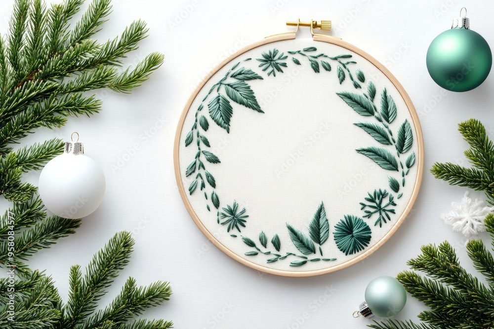 Minimalist Christmas-themed embroidery hoop featuring a green leaf wreath, surrounded by pine branches Minimalist Christmas-themed embroidery hoop featuring a green leaf wreath, surrounded by pine branches