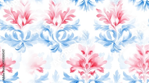 A seamless Baroque-inspired damask pattern in blue and red tones, rendered in watercolor style, features a continuous repeat on a white background.