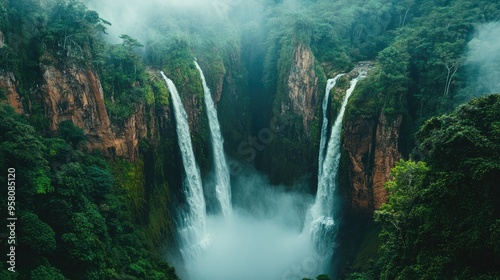 Top view of the cascading waterfalls of the Catarata Yumbilla, framed by lush green vegetation and rugged cliffs