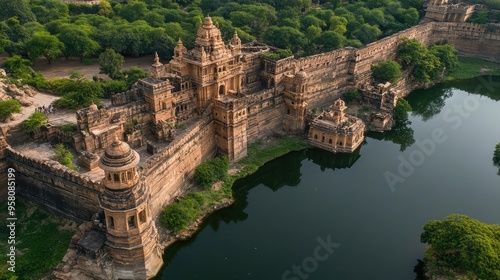 Top view of the Chittorgarh Fort, Rajasthan, with its majestic walls, temples, and water reservoirs. No people. photo