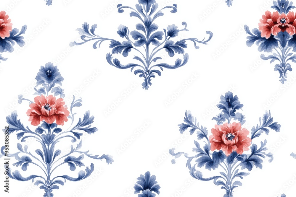 Obraz premium A seamless Baroque-inspired damask pattern in blue and red tones, rendered in watercolor style, features a continuous repeat on a white background. 