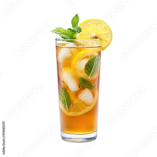 Refreshing iced tea with lemon slices and mint leaves in a tall glass. Perfect summer drink, cooling beverage, fresh and rejuvenating.