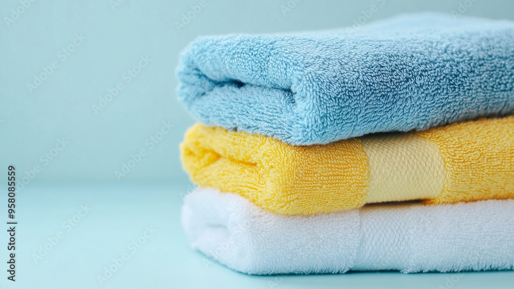 Neatly Stacked Towels in Light Blue, White, and Yellow Neatly Stacked Towels in Light Blue, White, and Yellow