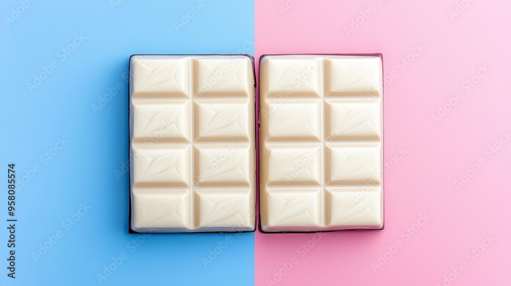 White chocolate bar on a sky blue to soft pink gradient, delicate textures, bright and fresh look, perfect for advertising White chocolate bar on a sky blue to soft pink gradient, delicate textures, bright and fresh look, perfect for advertising