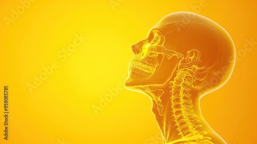 3D rendering of a human skull and cervical spine, in profile, on a yellow background.