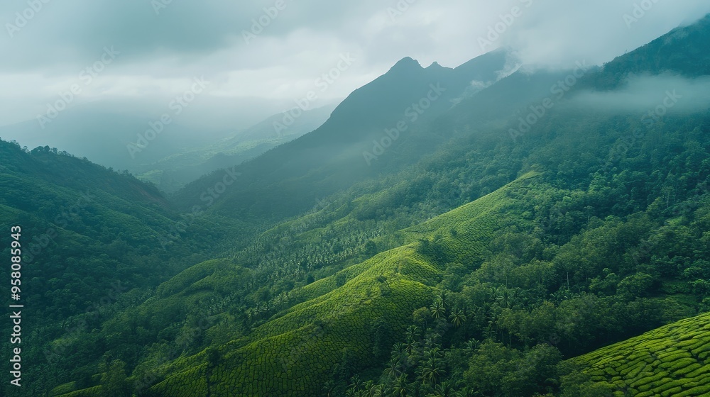 Fototapeta premium Top view of the lush greenery and tea gardens of Munnar, Kerala, set against misty mountain peaks. No people.