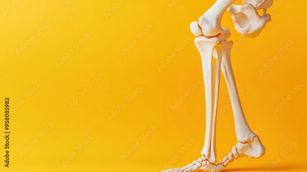 A close-up of a white plastic skeleton leg against a yellow background. The knee and lower leg bones are in focus. A close-up of a white plastic skeleton leg against a yellow background. The knee and lower leg bones are in focus.
