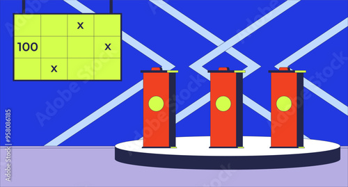 Game show studio with push buzzers and score display flat illustration. TV quiz show, pushbuttons. Television broadcasting program 2D interior cartoon background. Channel production scene vector image
