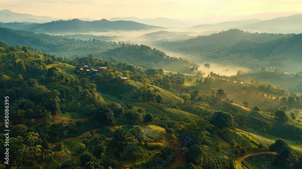 Top view of the picturesque Coorg region, with coffee plantations, rolling hills, and misty valleys. No people. Top view of the picturesque Coorg region, with coffee plantations, rolling hills, and misty valleys. No people.